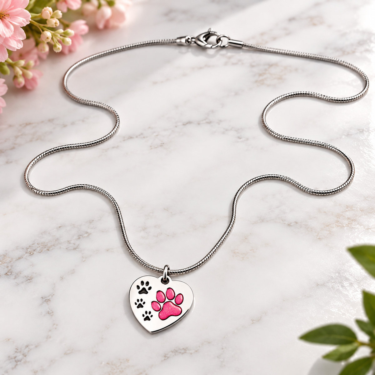 Stainless Steel Paw Print Heart Necklace
