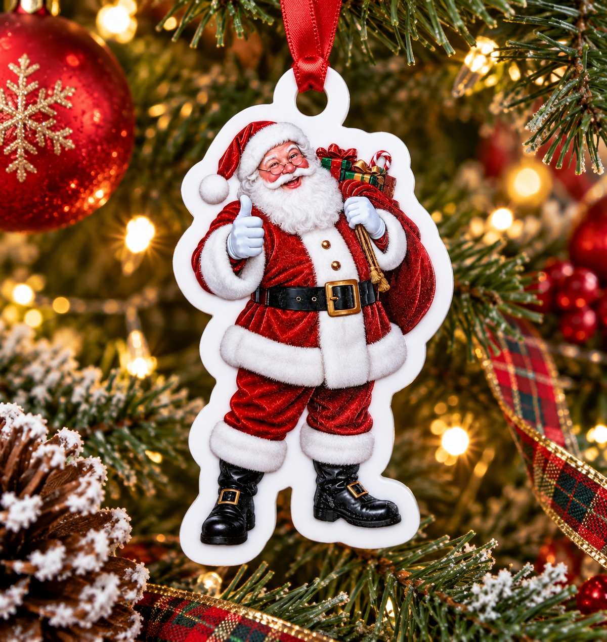 Santa Christmas ornament hanging on a Christmas tree