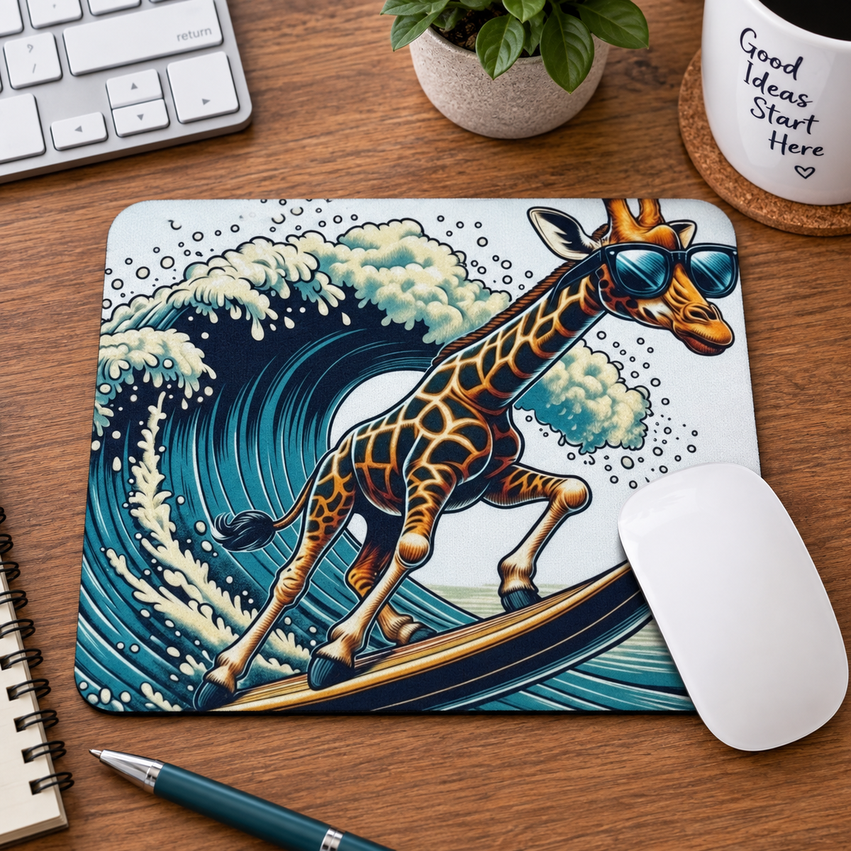 Giraffe surfing mouse pad product mockup